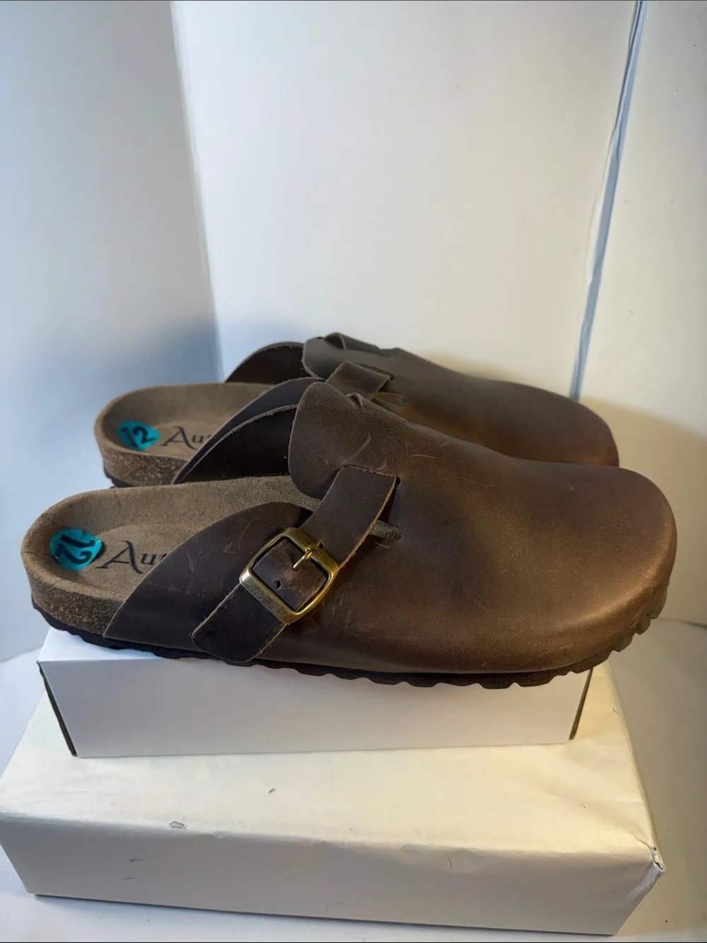 Aureum Men's Brown Leather Slip-On Buckle Clog Loafers